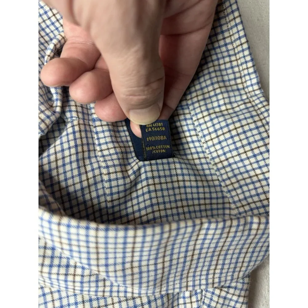 Ralph Lauren Button Down Shirt Men's 2XL XXL Blue & Brown on White Check Pattern